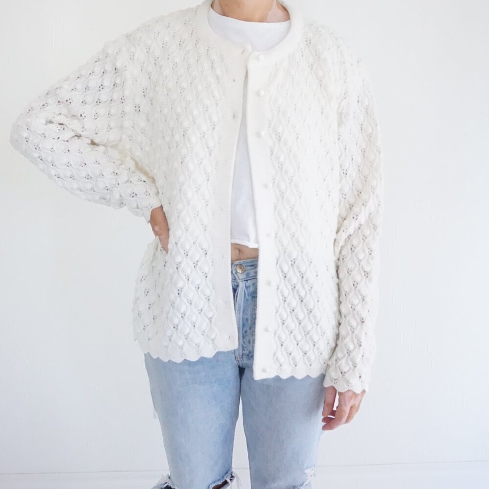 Vintage College Point Ivory Cable Knit Button Front Textured Cardigan Sweater M